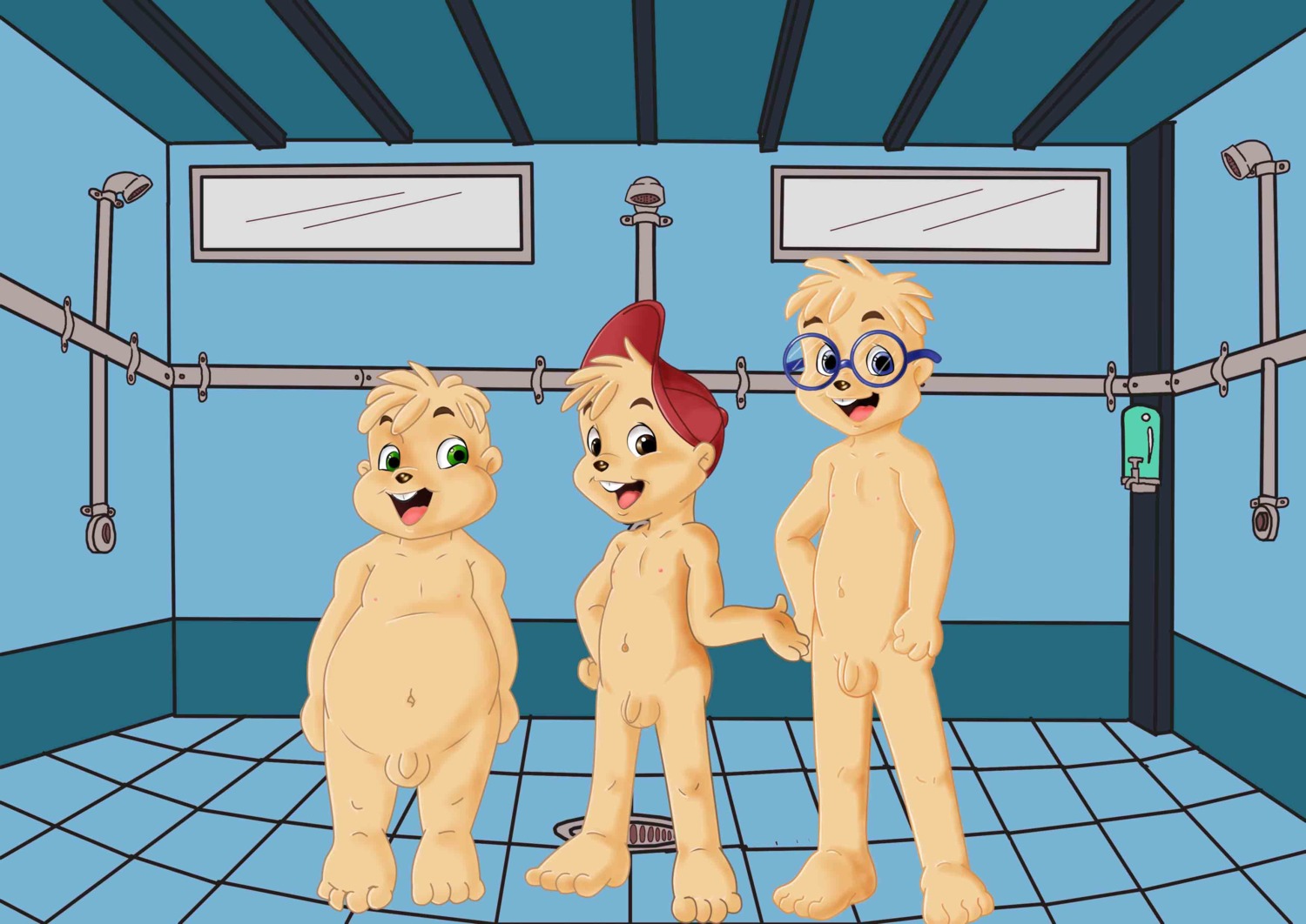 absurd_res alvin_and_the_chipmunks alvin_and_the_chipmunks_(1983) alvin_seville anthro balls blue_eyes brother_(lore) brothers_(lore) brown_eyes casual_nudity chipmunk clothing comparing e621 eyewear flaccid genitals glasses green_eyes ground_squirrel group hat headgear headwear hi_res kithawking male mammal nude open_mouth penis rodent sciurid shota shower sibling_(lore) simon_seville teeth theodore_seville young young_anthro young_male