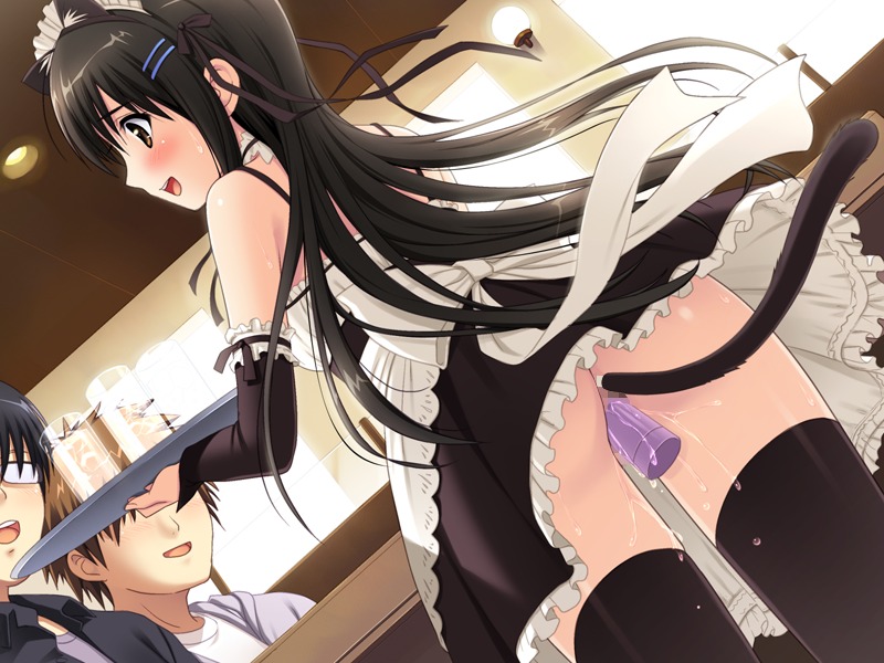 1girls 2boys anal anal_insertion animal_ears artist_request ass back_turned black_hair black_legwear blush bottomless_skirt buttplug buttplug_tail censored character_request clothed_masturbation clothing discreet_vibrator exhibitionism female female_penetrated from_below fully_clothed game_cg long_hair maid male male_with_female male_with_male masturbation more_revealing_backside no_panties public public_vibrator pussy pussy_juice_drip pussy_juice_trail rule34 sex_toy skirt skirt_lift source_request stealth_masturbation stockings thighhighs unknowing_bystander upskirt vibrator waitress