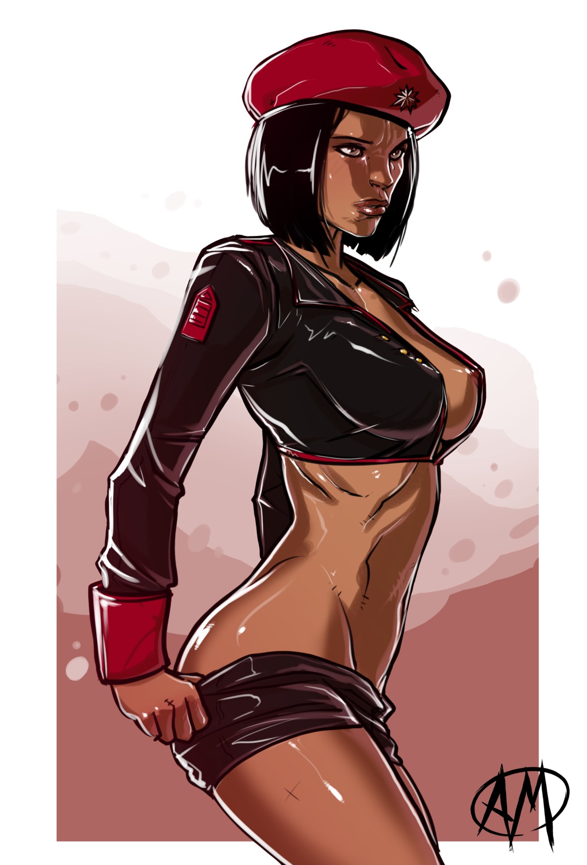 beret black_hair breasts brown_eyes command_and_conquer dark-skinned_female dark_skin female ganassa high_resolution military_uniform natasha natasha_volkova nipples red_alert_(video_games) red_alert_3 rule34 short_hair shorts sideboob solo undressing uniform