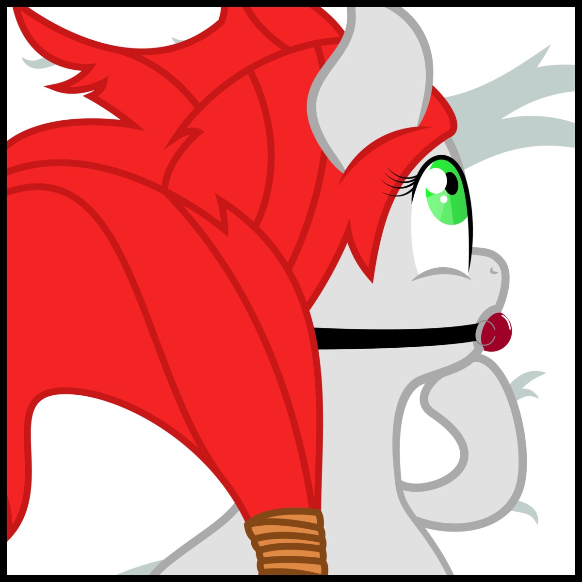 1:1 2013 ball_gag bdsm black_border border e621 earth_pony equid equine fan_character female gag gagged green_eyes hair hasbro hi_res horse lune_cat mammal my_little_pony pony red_hair simple_background solo tail tail_wraps upiter white_background wraps