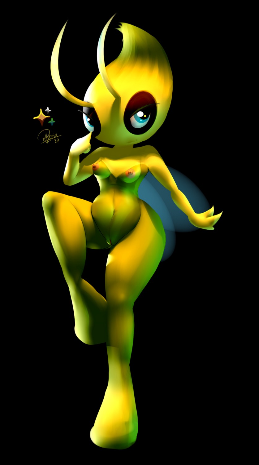 2013 anthro areola belly black_background breasts celebi digital_media_(artwork) e621 elpatrixf female generation_2_pokemon genitals hi_res humanoid legendary_pokemon nintendo nipple_dip nipples pokemon pokemon_(species) pokemorph simple_background slightly_chubby solo vulva wide_hips