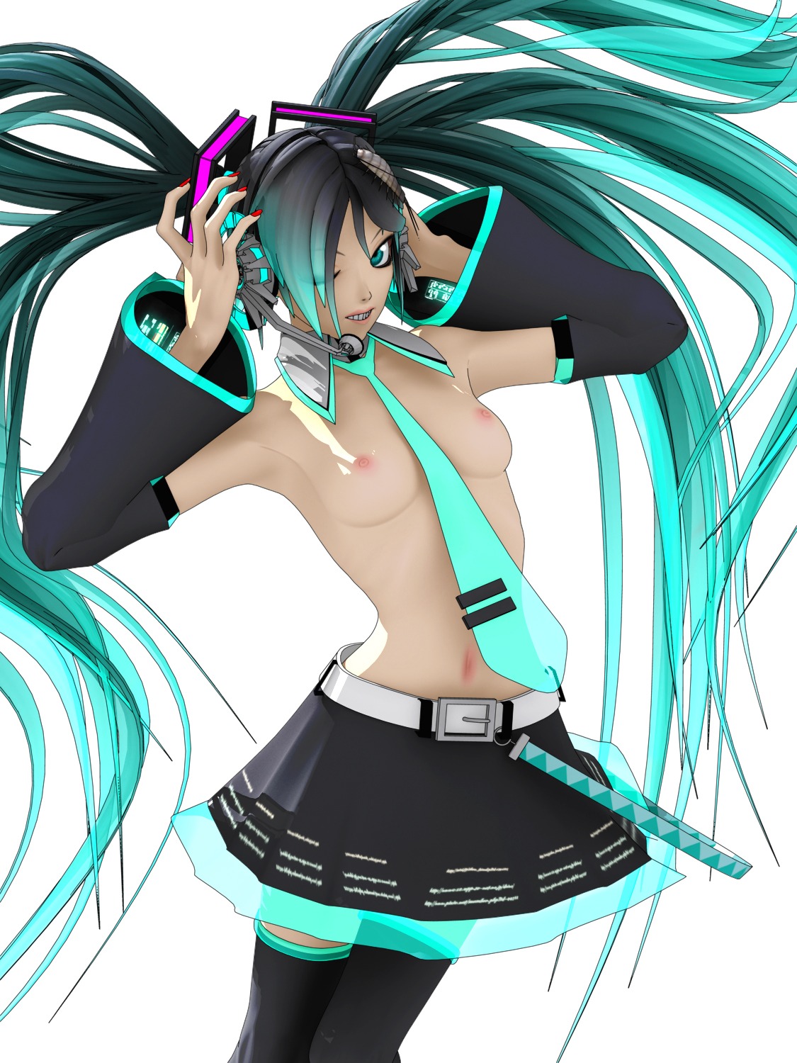 1girl 1girls 3d aqua_eyes aqua_hair areolae belt black_hair blue_hair breasts calne_ca cosplay covering_ear crustacean deino detached_sleeves fanloid female female_only hair_over_one_eye hands_over_ear hatsune_miku hatsune_miku_(cosplay) headphones headset highres human human_only isopod karune_ca karune_calcium light-skinned_female light_skin long_hair maeda_koutarou multicolored_hair nail_polish nato-kun navel necktie nipples one_eye_closed original pleated_skirt red_nails rule34 shirtless skirt small_breasts smile solo teeth thighhighs tied_hair topless twintails very_long_hair vocaloid white_background zettai_ryouiki