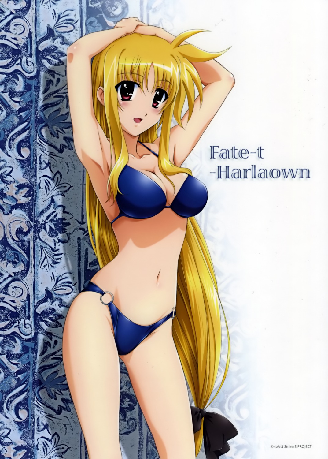 1girls armpits arms_up bikini blonde_hair breasts cleavage fate_testarossa female high_resolution long_hair low-tied_long_hair lyrical_nanoha mahou_shoujo_lyrical_nanoha mahou_shoujo_lyrical_nanoha_strikers mizugi okuda_yasuhiro photoshop red_eyes rule34 solo swimsuit very_long_hair