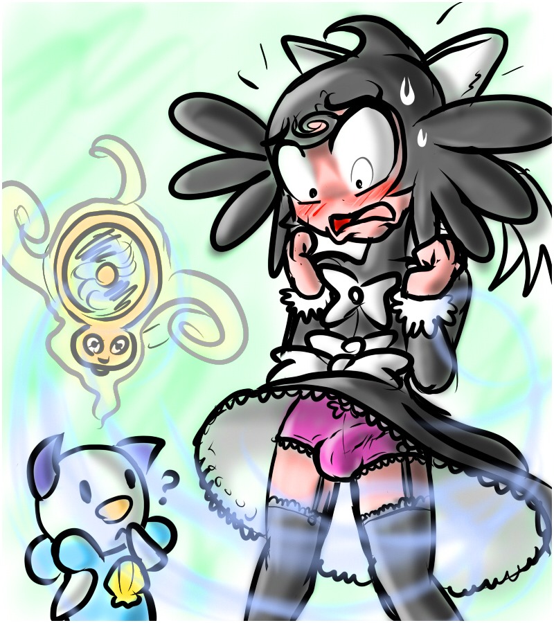 1boy anthro blush color embarrassed enm fan_rotom furry gothitelle male male_gothitelle male_only male_pokemon nintendo open_mouth oshawott pokemon pokemon_(species) pokemon_bw pokemon_dppt rotom rule34 skirt skirt_lift solo_focus standing straight_hair trap underwear