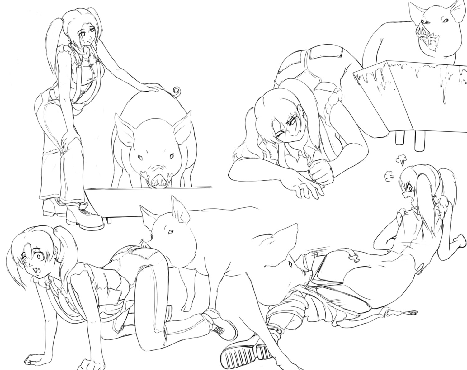 all_fours angry bestiality black_and_white clothed clothing comic duo e621 eating farm female female_on_feral feral hi_res human human_on_feral interspecies line_art male male/female male_on_human mammal monochrome overalls panties pigtails sniffing suid suine sus_(pig) thebigbrap transformation trough underwear undressing wild_boar