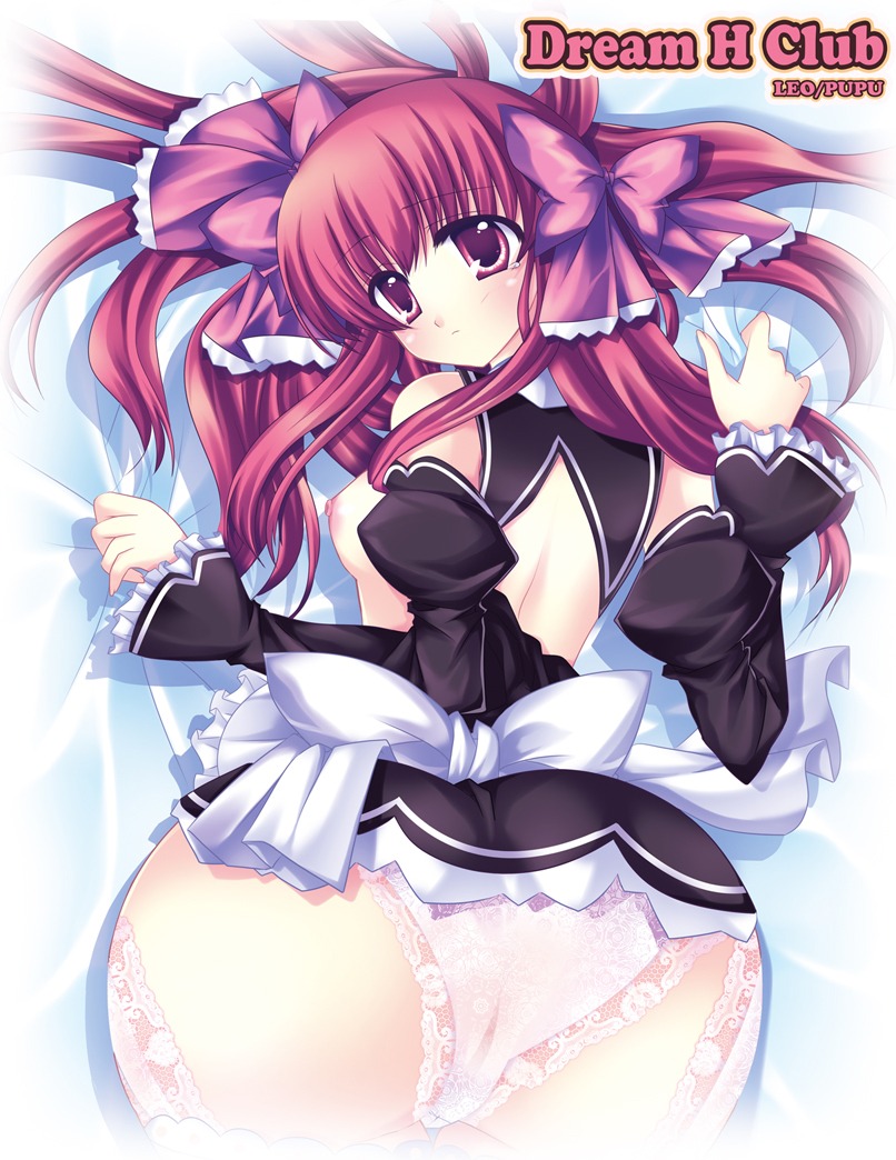 1girls amane_(dream_c_club) ass bare_shoulders bed bed_sheet bow breasts detached_sleeves dream_c_club empty_eyes fair-skinned_female fair_skin female female_only flat_chest from_above garter_belt garters lace_panties light-skinned_female light_skin looking_back maid miniskirt nipples panties pink_eyes pink_hair pupu rule34 sheet_grab skirt solo text top-down_bottom-up topless underwear waitress