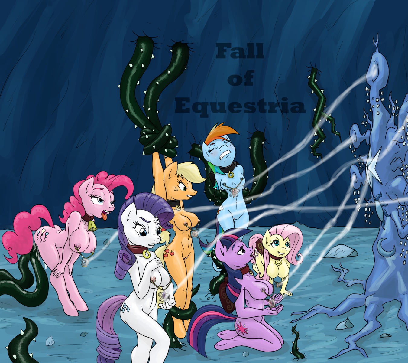 2013 absurd_res all_fours anthro anthrofied applejack_(mlp) blue_body blue_feathers blue_fur breasts collar cutie_mark digital_media_(artwork) e621 earth_pony english_text equid equine fall_of_equestria feathered_wings feathers female fluttershy_(mlp) friendship_is_magic fur genitals group hair hasbro hi_res horn horse jewelry mammal multicolored_hair my_little_pony mythological_creature mythological_equine mythology nipple_piercing nipples pegasus penetration piercing pinkie_pie_(mlp) plant pocketed_wings pony purple_body purple_fur purple_hair rainbow_dash_(mlp) rainbow_hair rarity_(mlp) restrained slashysmiley slave smudge_proof stump_horn tentacles text tongue tongue_out tree twilight_sparkle_(mlp) two_tone_hair unicorn vaginal vulva wings yellow_body yellow_feathers