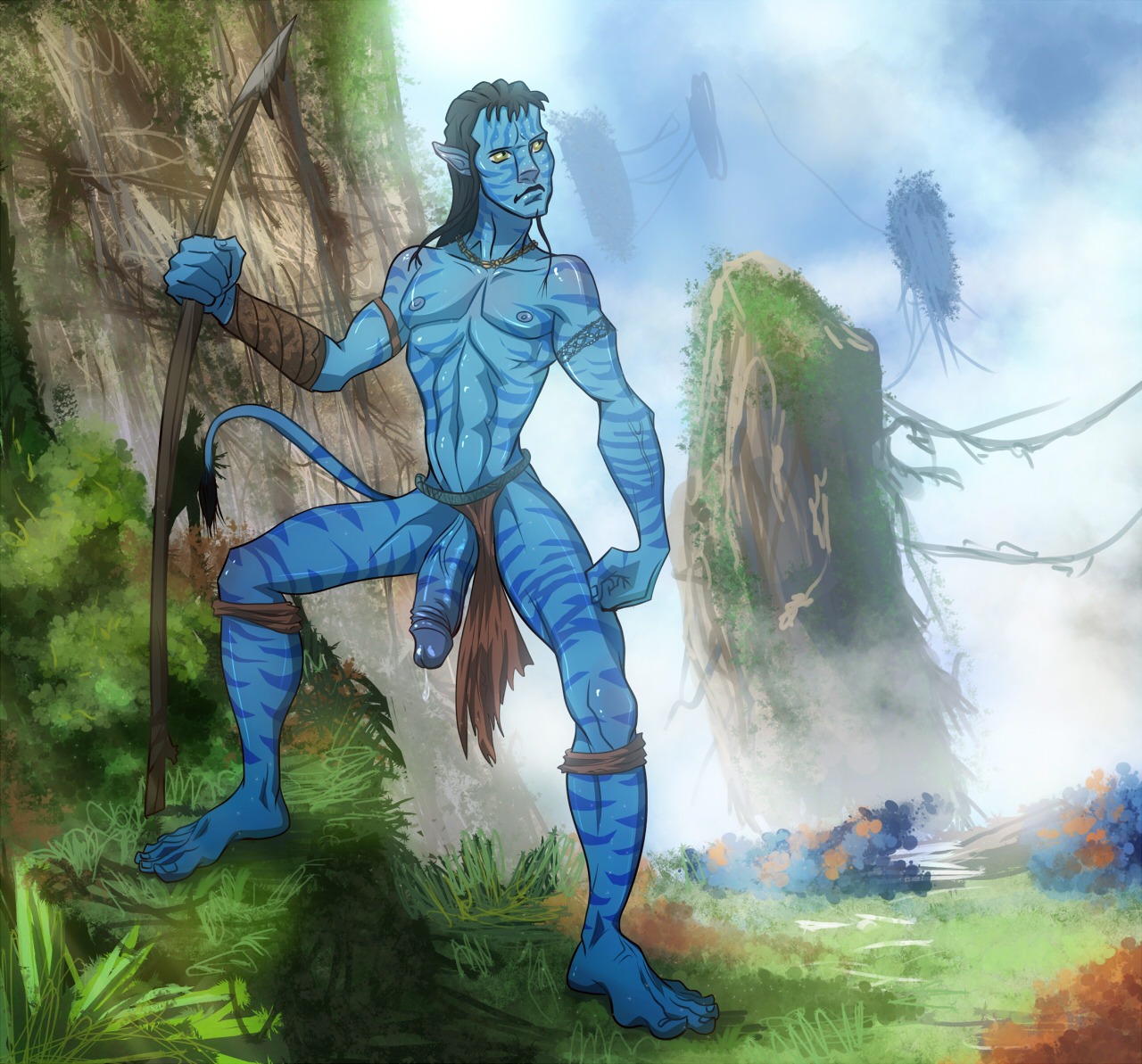 accessory alien alien_humanoid anma blue_body blue_penis blue_skin bodily_fluids bottomwear bottomwear_aside clothing clothing_aside cloud cum cum_drip detailed_background dripping e621 erection garter genital_fluids genitals grass humanoid humanoid_genitalia humanoid_penis ineffective_clothing ineffective_loincloth jake_sully james_cameron's_avatar landscape loincloth loincloth_aside male male_humanoid melee_weapon na'vi nature nude outside penis plant polearm pose precum sky solo spear spread_legs spreading standing tail weapon