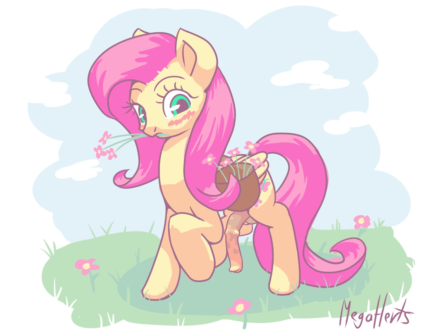 2014 absurd_res animal_genitalia animal_penis blue_eyes blush cloud cutie_mark e621 equid equine equine_genitalia equine_penis feathered_wings feathers feral flaccid flower fluttershy_(mlp) friendship_is_magic fur genitals grass gynomorph hair hasbro hi_res intersex looking_at_viewer mammal megaherts mouth_hold my_little_pony mythological_creature mythological_equine mythology outside pegasus penis pink_hair plant sky solo wings yellow_body yellow_feathers yellow_fur