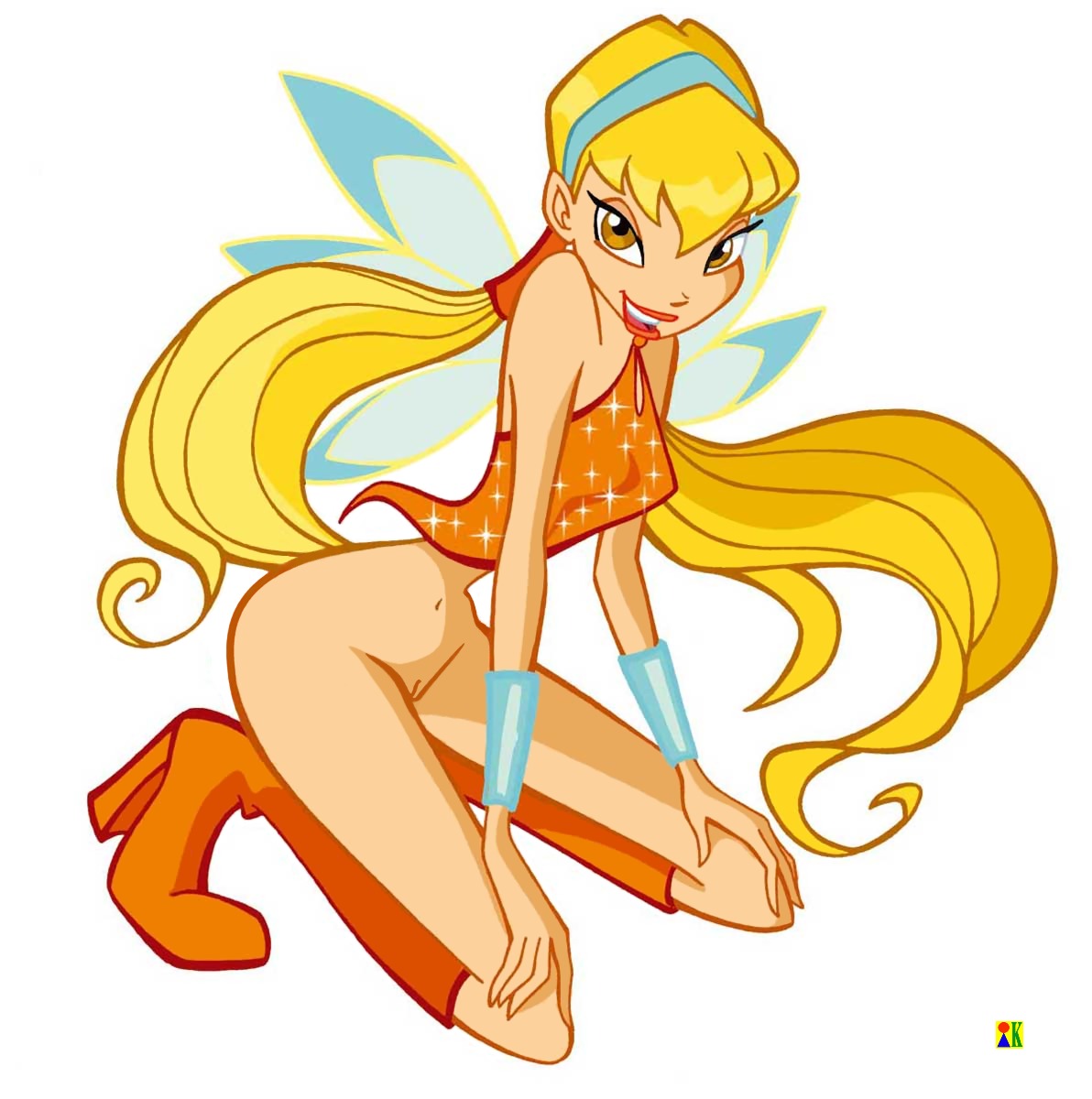 1girls accurate_art_style amber_eyes artist_request blonde_hair boots bottomless breasts charmix eyeshadow fairy fairy_wings female gauntlets hands_on_knees high_heel_boots high_heels lipstick long_hair looking_at_viewer makeup mascara png pussy rainbow_(animation_studio) rule34 smile smiling solo stella_(winx_club) tagme thin_waist twintails wasp_waist wings winx_club