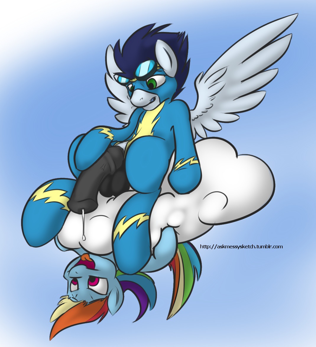 2013 animal_genitalia animal_penis balls blue_body blue_feathers blue_fur blue_hair bodily_fluids clothing cloud cum duo e621 equid equine equine_genitalia equine_penis erection eyewear feathered_wings feathers female feral friendship_is_magic fur genital_fluids genitals goggles green_eyes hair hasbro horse male male/female mammal messysketch multicolored_hair my_little_pony mythological_creature mythological_equine mythology open_mouth outside pegasus penis pony purple_eyes rainbow_dash_(mlp) rainbow_hair sky skyscape soarin_(mlp) upside_down wings wonderbolts_(mlp)