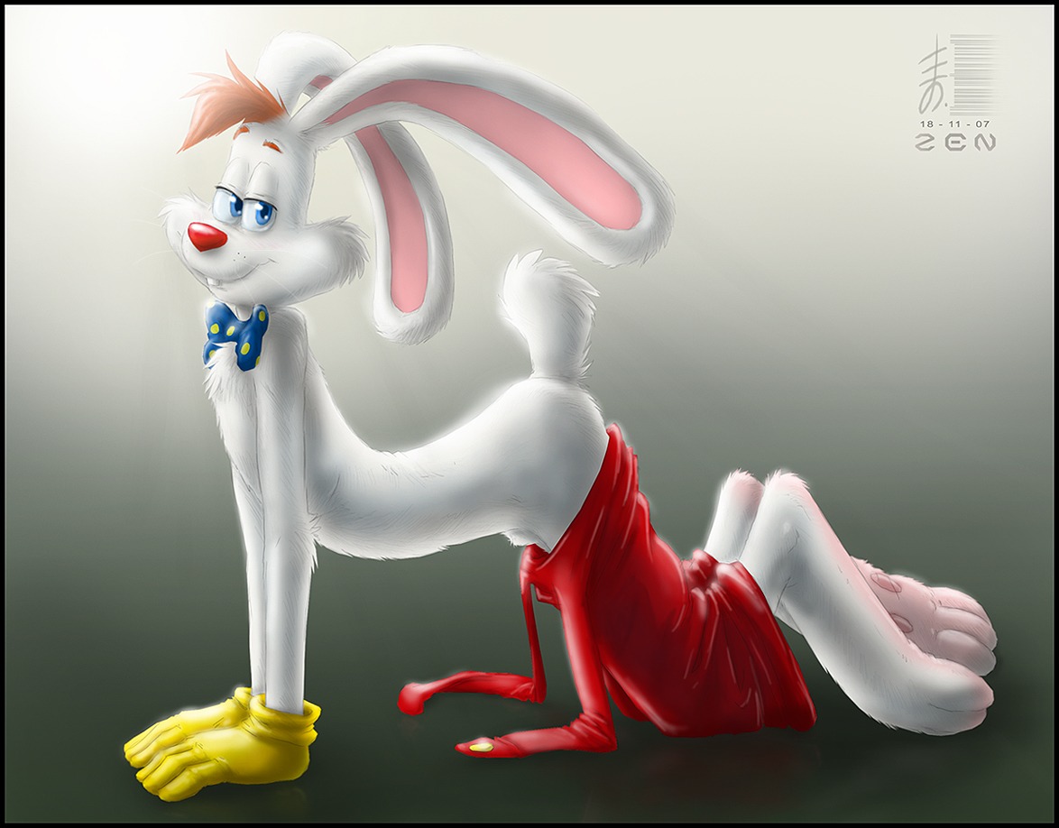 2007 all_fours animal_genitalia anthro black_border border clothed clothing disney e621 fur furry genitals gloves handwear lagomorph leporid looking_at_viewer male male_only mammal pose rabbit roger_rabbit rule34 sheath side_view simple_background solo tagme topless white_body white_fur who_framed_roger_rabbit zen zenthetiger