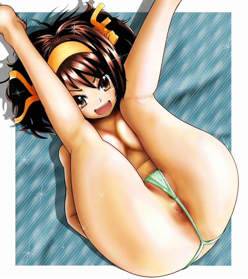 anus ass breasts brown_hair clothes color exposed_breasts female female_only g-string hair hair_ribbon human panties pururun_z ribbon rule34 small_breasts solo sparkle suzumiya_haruhi suzumiya_haruhi_no_yuuutsu thong topless uncensored underwear