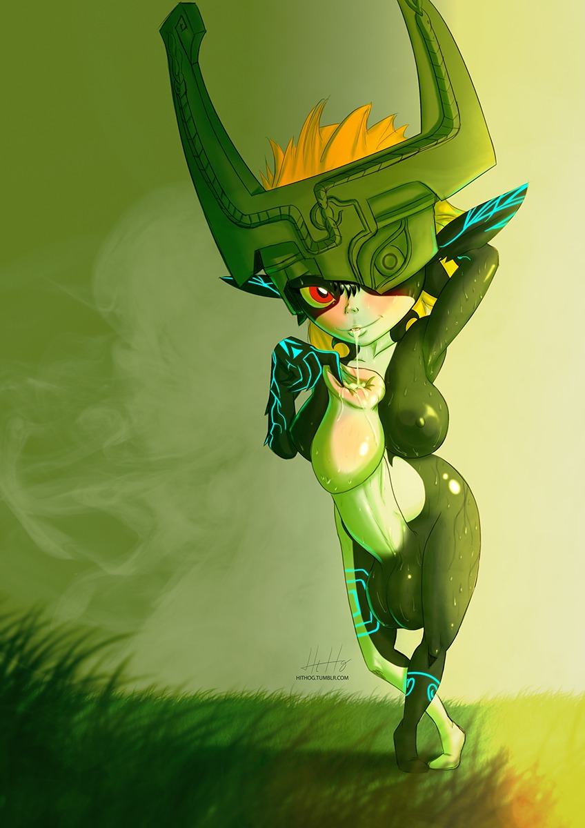 balls big_penis blush bodily_fluids breasts clothing cum e621 erection foreskin fused_shadow genital_fluids genitals grass gynomorph headgear headwear hi_res hithog huge_penis humanoid humanoid_genitalia humanoid_penis intersex long_foreskin looking_at_viewer midna nintendo not_furry penis plant red_eyes saliva solo sweat the_legend_of_zelda twili twilight_princess unretracted_foreskin