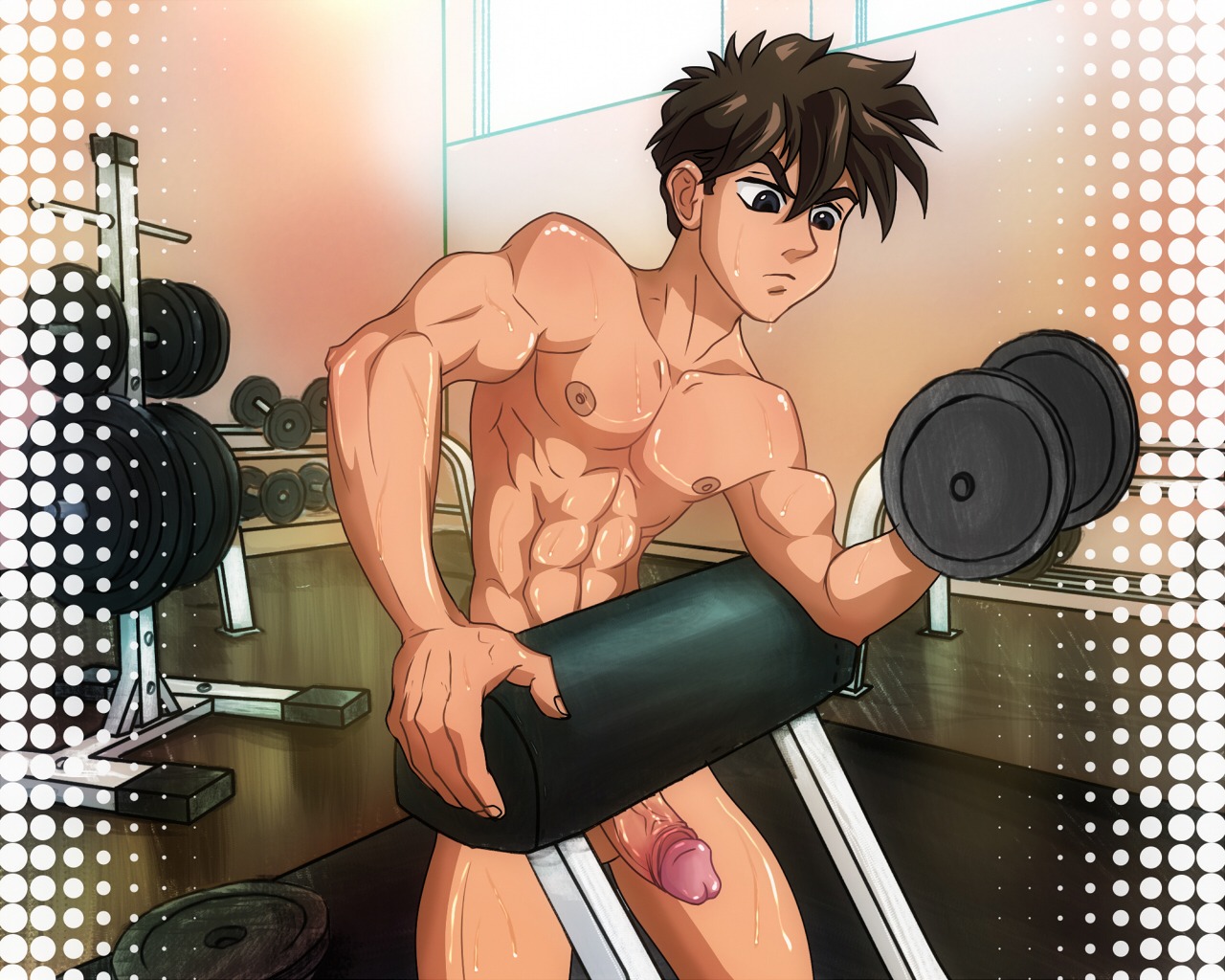 1boy anma foreskin fully_retracted_foreskin gundam gym heero_yui male male_only penis retracted_foreskin rule34 solo uncircumcised weightlifting