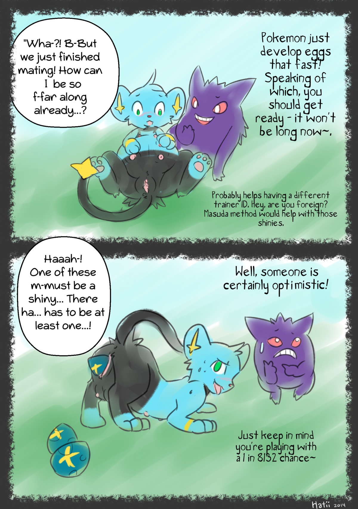 absurd_res after_transformation all_fours black_body black_fur blue_body blue_fur blush bodily_fluids comic concern cum cum_inflation cum_inside dialogue e621 egg english_text excessive_cum excessive_genital_fluids felid female feral fur generation_1_pokemon generation_4_pokemon gengar genital_fluids genitals green_eyes group hatiimiga hi_res in_heat inflation jaki-kun_(character) lying male mammal multi_nipple nintendo nipples nude on_back oviposition pokemon pokemon_(species) possession pregnant red_eyes shinx shocked shy spread_legs spreading surprised teats text tongue tongue_out vulva worried