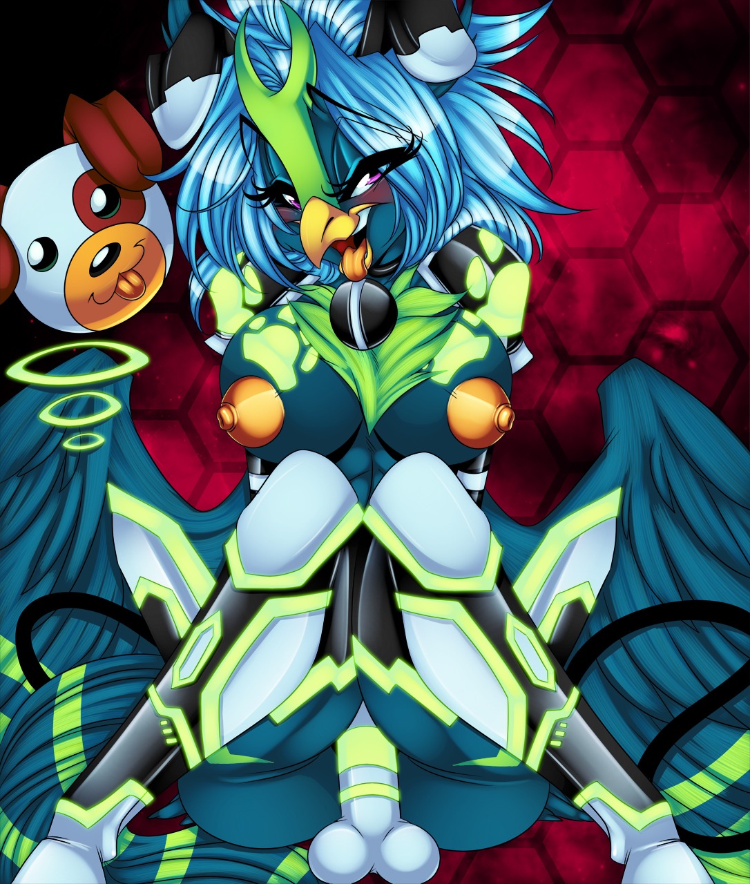 2012 anthro avian balls beak big_breasts big_nipples biped bird blue_body blue_hair blush breasts chest_tuft clothing costume crystal-for-ever digital_media_(artwork) e621 erection feathered_wings feathers fur genitals glowing glowing_markings green_markings gynomorph hair hi_res intersex looking_at_viewer markings nipples non-mammal_balls non-mammal_breasts non-mammal_nipples nude open_mouth penis pink_eyes short_hair sitting smile solo teeth tongue tongue_out toothed_beak tuft wings