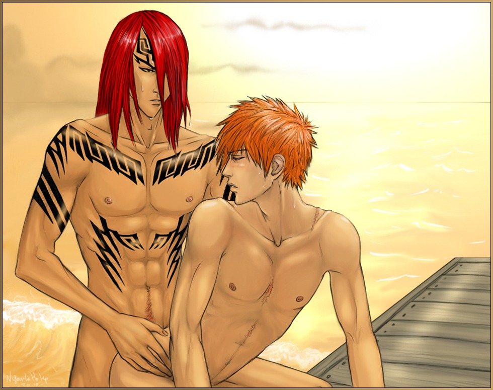 2boys abs anal anal_sex artist_request bleach blush chest gay half-closed_eyes ichigo_kurosaki long_hair looking_at_another looking_back male male_only multiple_boys multiple_males nude ocean orange_hair outdoors pecs red_hair renji_abarai rule34 scar sea sex short_hair sunset sweat tattoo toned toned_male water yaoi