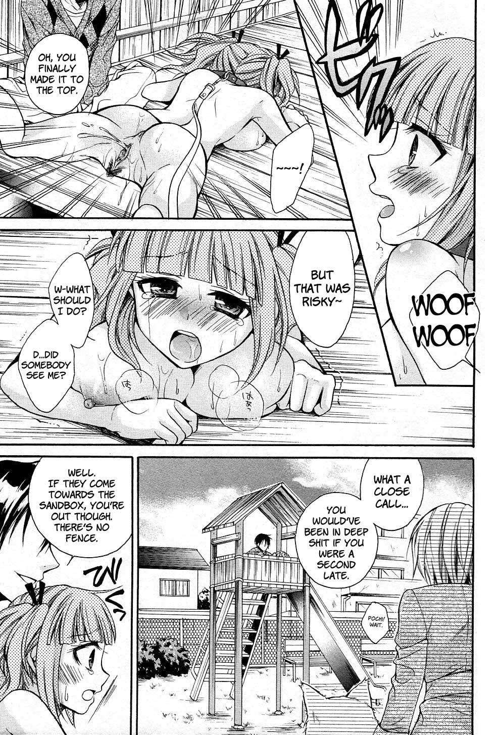 all_fours ass blush comic dog_collar dog_leash extreme_content female humiliation like_a_dog monochrome nude oppai public_nudity pussy rule34 slider text tied_hair translated tsubakiya_meguru twintails vagina