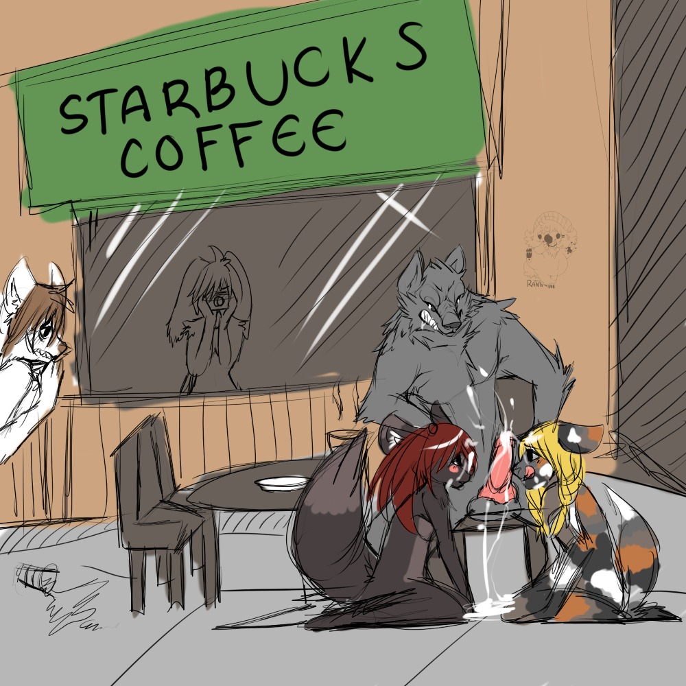 1:1 anthro being_watched blush bodily_fluids canid canine canis cum e621 erection female genital_fluids genitals group looking_at_another male male/female mammal nude oral penis public public_sex rants sex starbucks tail wolf young young_anthro