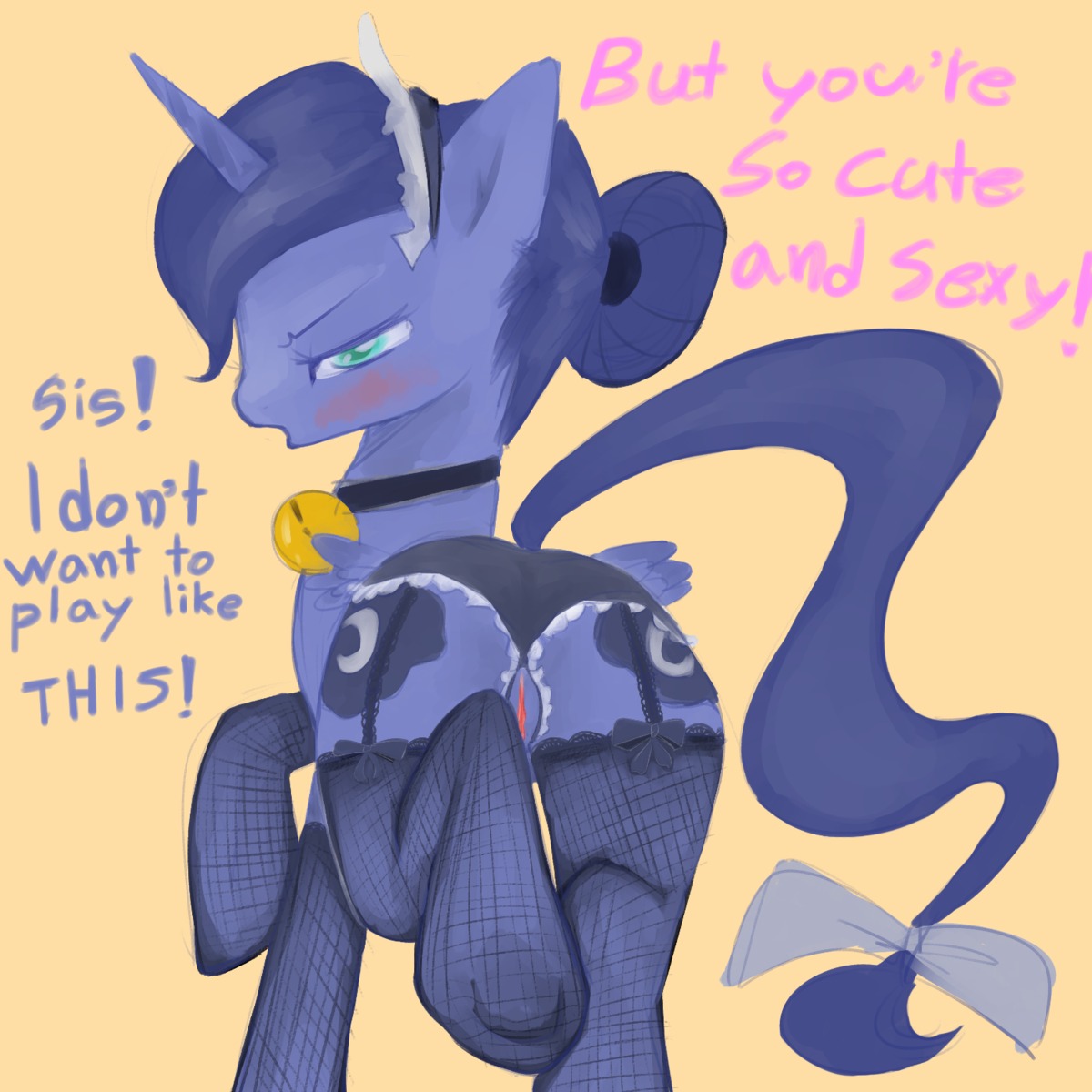 1:1 2012 blue_body blue_eyes blue_feathers blue_hair clothing collar crotchless_clothing crotchless_panties crotchless_underwear cutie_mark digital_media_(artwork) digital_painting_(artwork) e621 english_text equid equine feathered_wings feathers female feral friendship_is_magic garter_straps genitals hair hasbro hi_res horn implied_incest legwear lingerie looking_at_viewer mammal my_little_pony mythological_creature mythological_equine mythology painting_(artwork) panties ponylicking princess_luna_(mlp) quadruped solo stockings tail text underwear vulva winged_unicorn wings