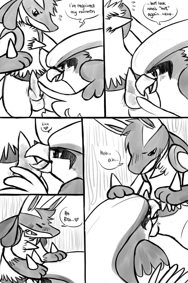 2012 anthro avian black_and_white canine comic english_text erection female feral haychel lucario male monochrome nintendo oral_sex penis pidgeot pokemon pokemon_(species) rule34 sex straight text