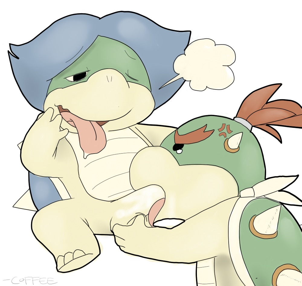 2boys bowser_jr. coffee_(artist) fellatio horns incest koopaling koopalings ludwig_von_koopa male male_only mario_(series) nintendo oral penis rule34 scalie spikes straight_hair text tongue tongue_out white_background yaoi