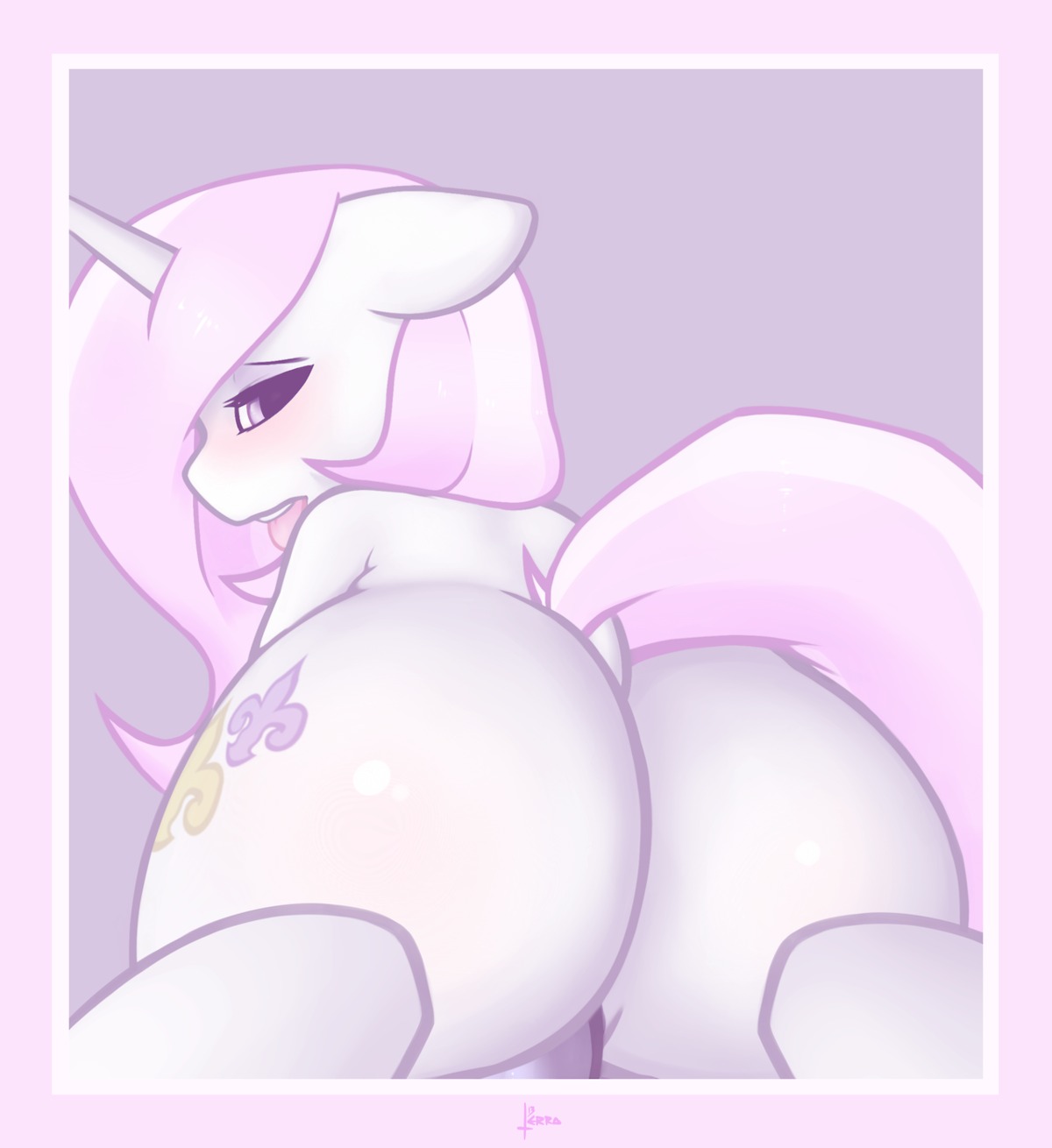 2013 border butt cutie_mark e621 equid equine female feral fleur_de_lis_(mlp) friendship_is_magic fur hair half-closed_eyes hasbro hi_res horn long_hair looking_at_viewer looking_back mammal masturbation multicolored_hair my_little_pony mythological_creature mythological_equine mythology narrowed_eyes open_mouth pink_border pink_hair presenting presenting_hindquarters purple_background purple_eyes rear_view signature simple_background solo tail terrabutt tongue tongue_out two_tone_hair unicorn vaginal vaginal_masturbation white_body white_border white_fur