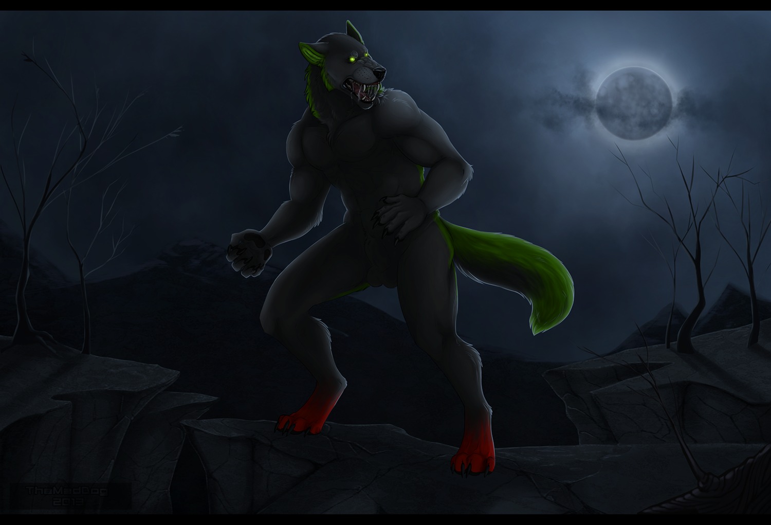 abs animal_genitalia balls biceps black_bars black_body black_fur black_nose canid canine canis claws e621 fangs full_moon fully_sheathed fur genitals glowing glowing_eyes green_body green_eyes green_fur kaosst letterbox male mammal moon muscular muscular_male mythological_canine mythological_creature mythology night nude outside pecs pose sheath solo standing teeth toe_claws werecanid werecanine werecreature werewolf wolf