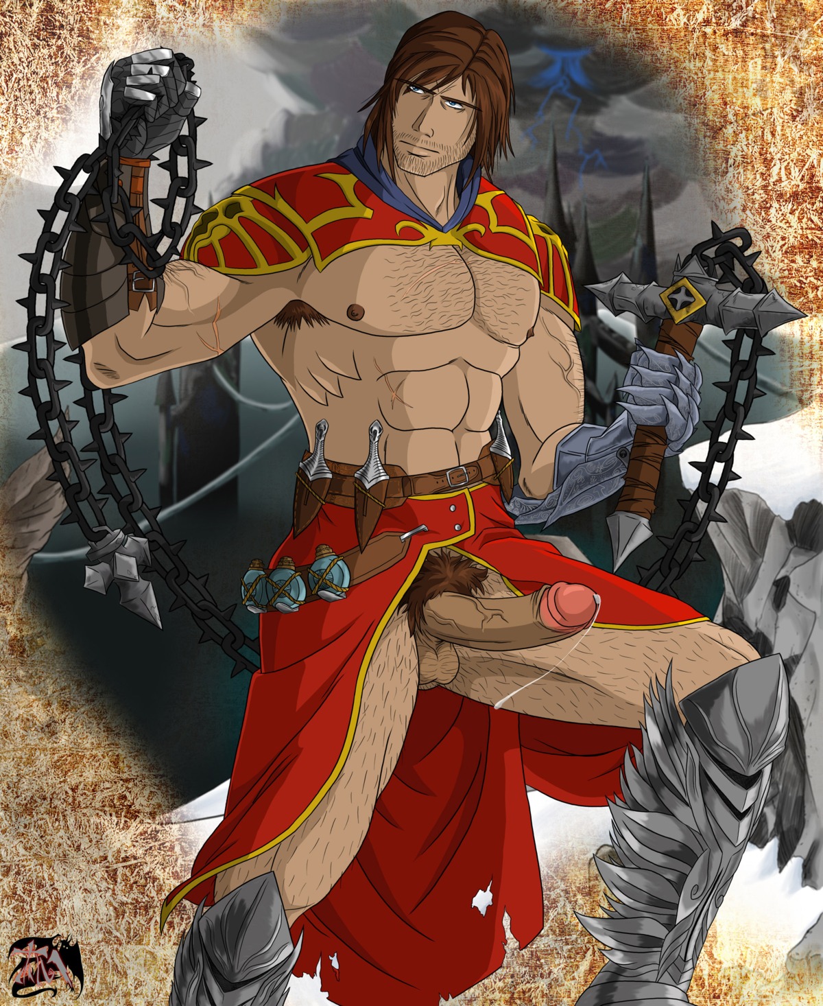 1boy balls bara body_hair castlevania castlevania:_lords_of_shadow cum devilman_(artist) deviruman erection facial_hair gabriel_belmont gay hairy human male male_only muscles muscular penis rule34 solo testicles yaoi