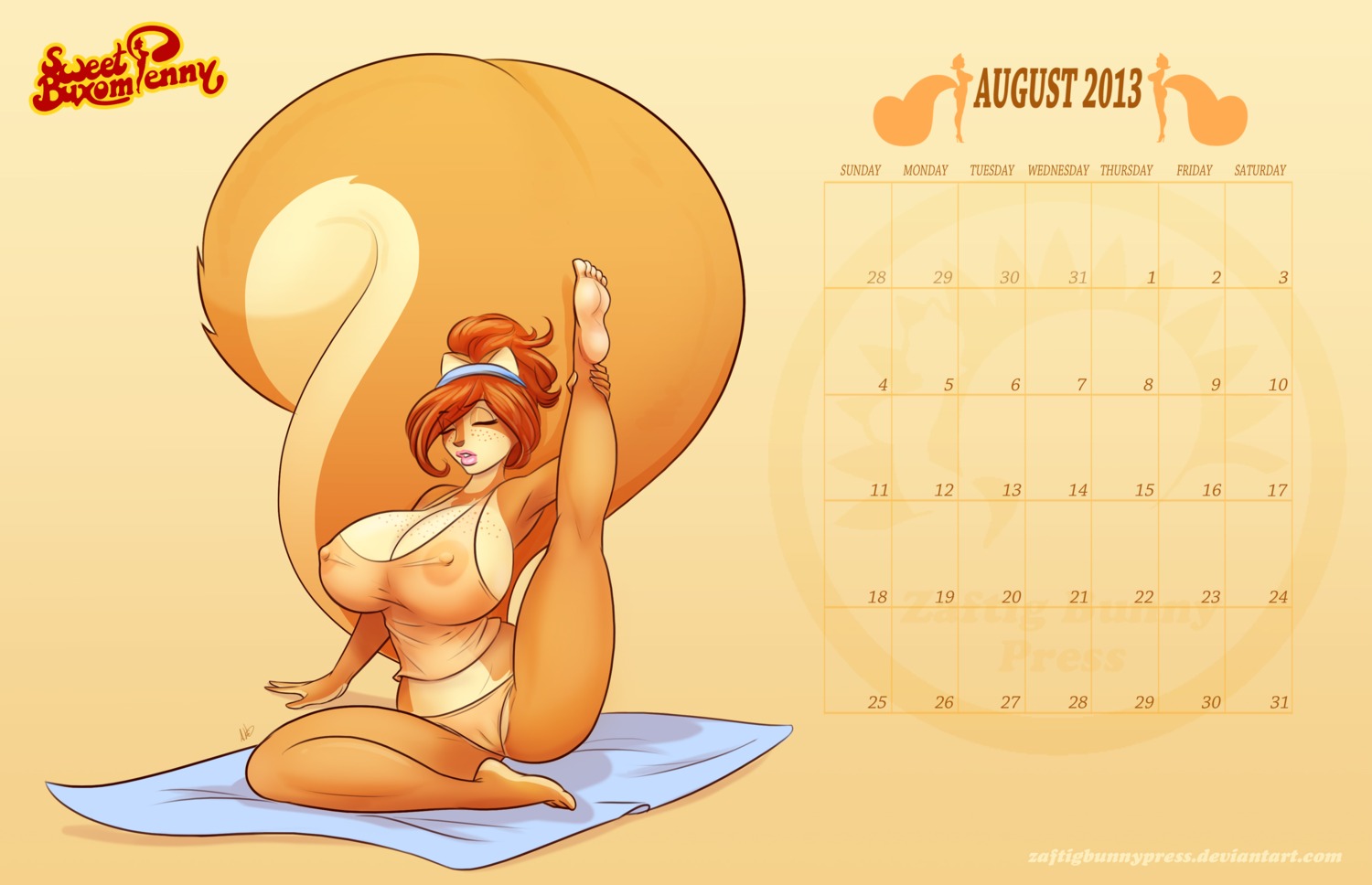 2013 absurd_res anthro areola big_breasts big_tail biped breasts brown_nose calendar calendar_graphic cleavage clothed clothing e621 english_text eyes_closed feet female fluffy fluffy_tail freckles fur genitals hair hi_res hindpaw huge_breasts lips mammal nipples orange_body orange_fur paws penny_flynn pinup pose red_hair rodent sciurid sitting skimpy solo stretching tail text translucent translucent_clothing tree_squirrel vulva yellow_body yellow_fur zaftigbunnypress