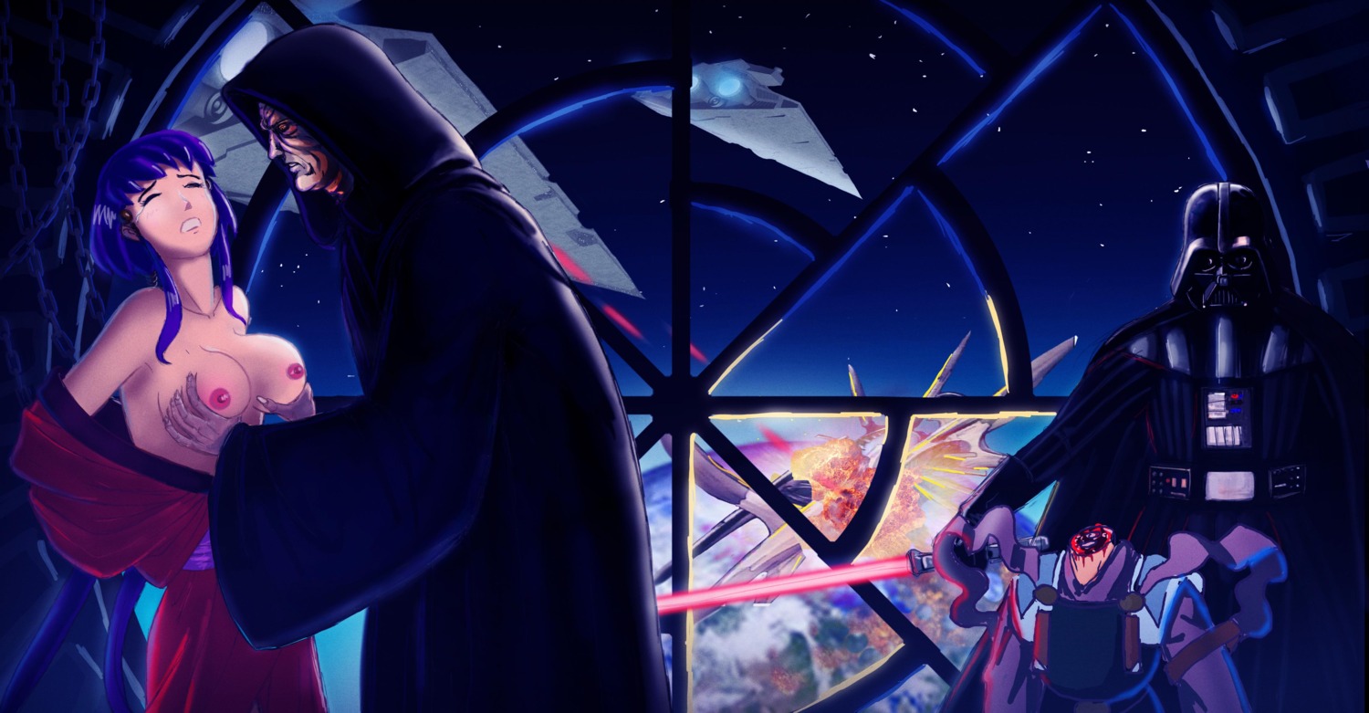 1girls 3boys ayeka_masaki_jurai breast_grab breasts cloak closed_eyes crossover darth_vader death decapitation emperor's_throne_room emperor_palpatine female groping high_resolution lightsaber long_hair male multiple_boys multiple_males old_male red_lightsaber rule34 space_craft star_destroyer star_wars tempro tenchi_masaki tenchi_muyo! weapon window