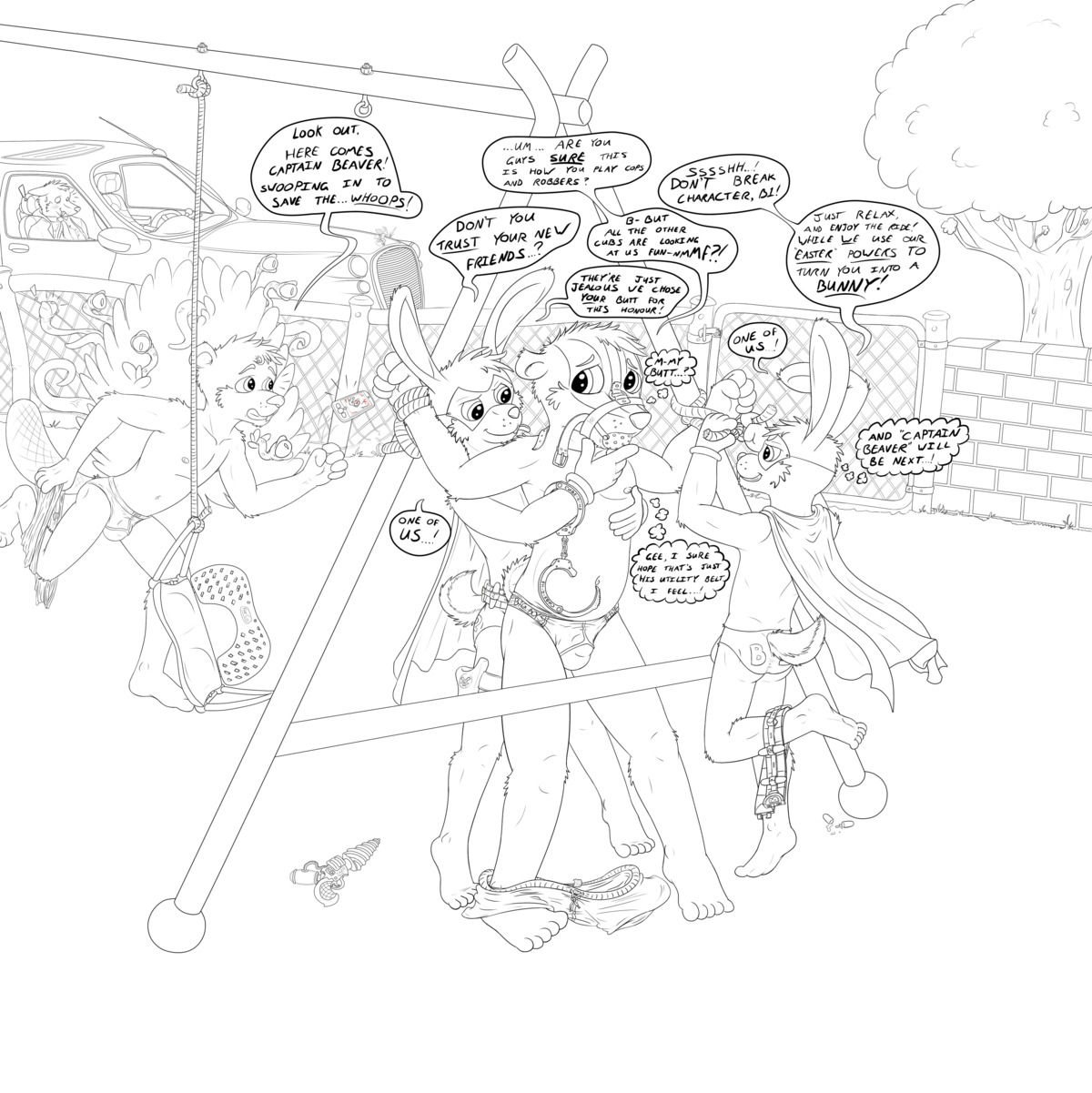 absurd_res anthro badger ball_gag bdsm bondage bound briefs bulge car clothing cuff_(restraint) dialogue digital_drawing_(artwork) digital_media_(artwork) dominant e621 english_text gag gagged group halter handcuffs harness harness_ball_gag harness_gag hi_res igakattack jeremy_(rokukeshiba) lagomorph leporid line_art male mammal metal_cuffs mustelid musteline muzzle_(object) muzzled naive rabbit restraints rope shackles swing text underwear vehicle young young_anthro
