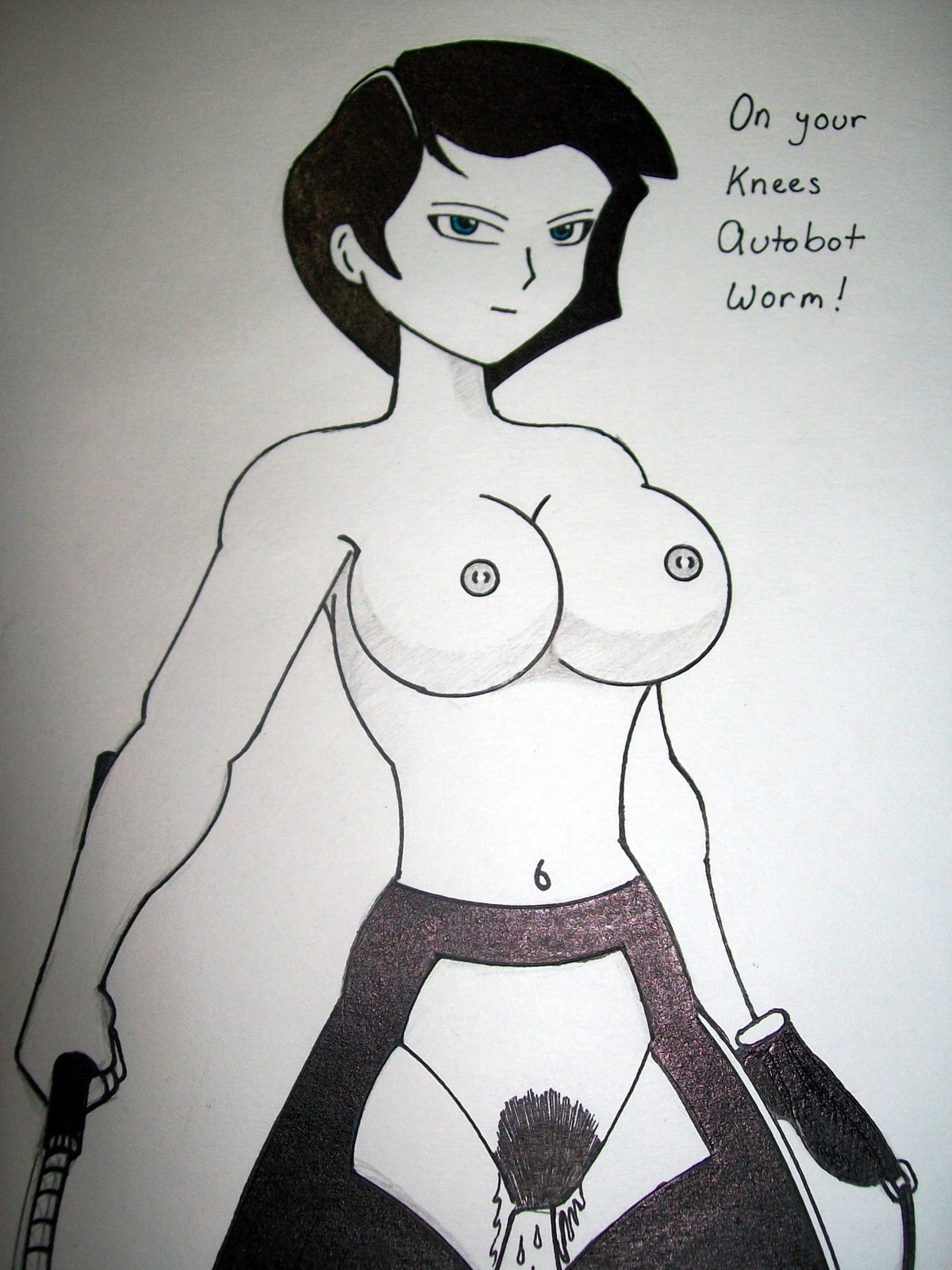 1girls 2d 2d_(artwork) bad_anatomy belly_button big_breasts black_and_white blue_eyes breasts crotchless_clothes dialogue dominatrix english_text female female_only femdom human june_darby nipples pubic_hair pussy pussy_juice rule34 simple_background solo solo_female tagme_(artist) text transformers transformers_prime unknown_artist white_background