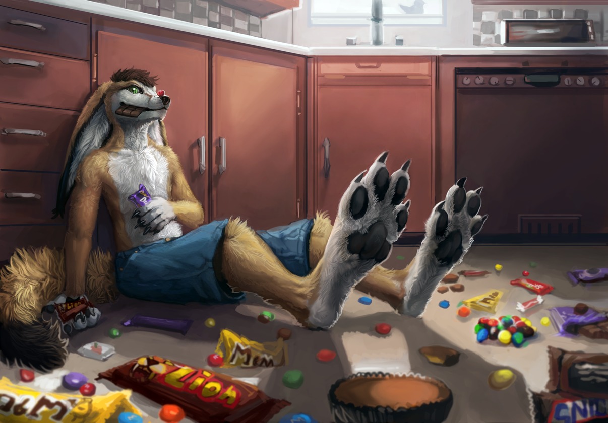 2012 5_fingers alradeck anthro black_bars black_body black_fur black_nose bottomwear brown_hair candy canid canine caracal_(character) claws clothing conditional_dnp denim denim_bottomwear denim_clothing dessert detailed_background digital_media_(artwork) digitigrade e621 english_text feet fennec_fox fingers food fox fur green_eyes hair hindpaw humor jeans kitchen long_ears looking_at_viewer m&m's male mammal mars_incorporated messy multicolored_body multicolored_fur munchies orange_body orange_fur pants pawpads paws realistic short_hair snickers solo tail tan_body tan_fur text true_fox white_body white_fur