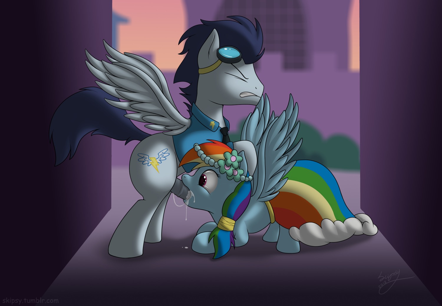 2012 accessory blue_body blue_feathers blue_fur blue_hair bodily_fluids cloth clothing cum cum_in_mouth cum_inside cutie_mark duo e621 equid equine erection eyewear feathered_wings feathers fellatio female female_penetrated feral friendship_is_magic fur genital_fluids genitals goggles hair hasbro hi_res long_hair male male/female male_penetrating male_penetrating_female mammal multicolored_hair my_little_pony mythological_creature mythological_equine mythology necktie oral oral_penetration orgasm pegasus penetration penile penis purple_eyes rainbow_dash_(mlp) rainbow_hair sex skipsy soarin_(mlp) tail uniform wing_boner wings wonderbolts_(mlp)