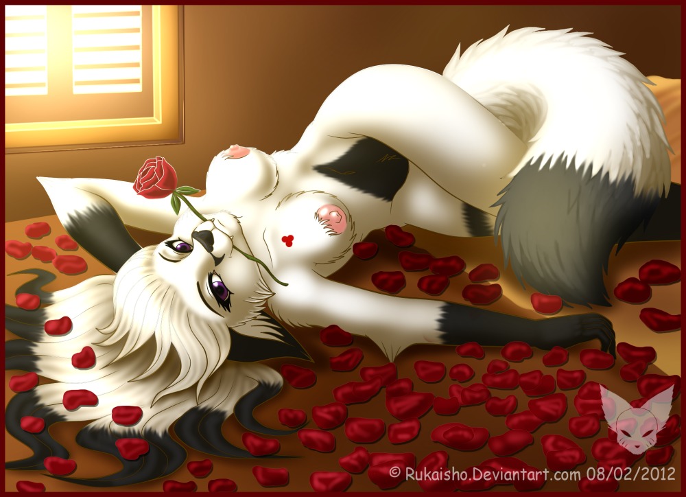 anthro bed black breasts canine female fox fur mammal nude original_character petals purple_eyes rose rukaisho rule34 white_fur