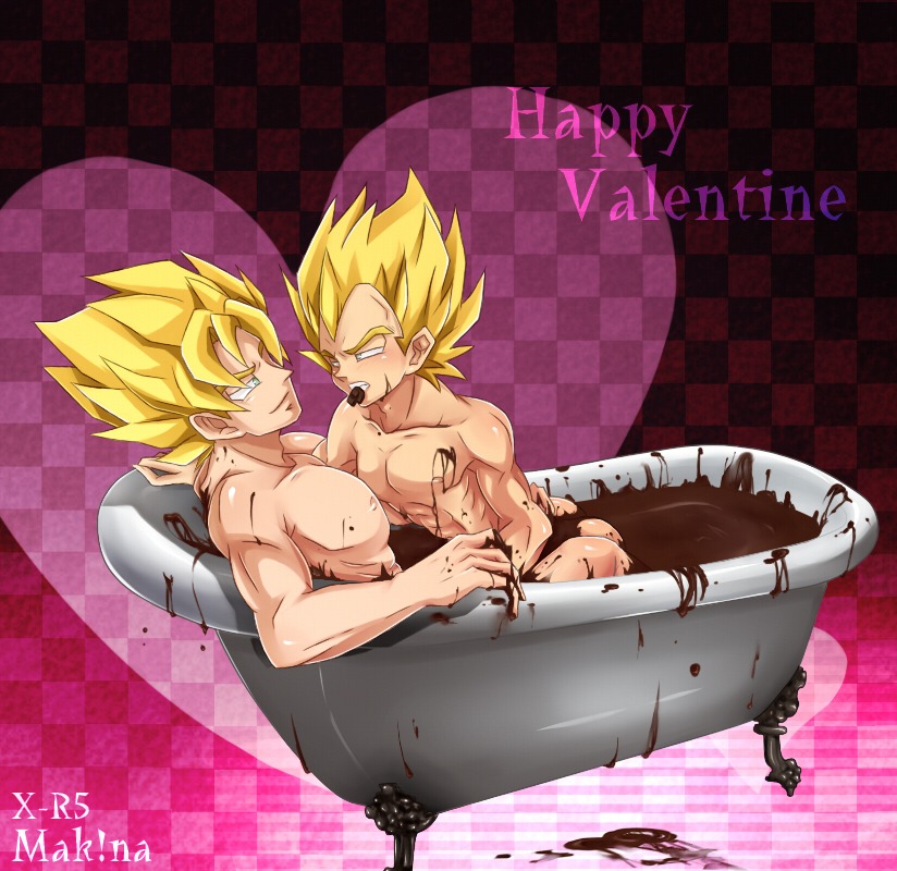 2boys bathtub chocolate dragon_ball dragon_ball_z gay male male_only multiple_boys multiple_males muscles muscular nude rule34 son_goku straight_hair super_saiyan valentine vegeta x-r5xxxlove yaoi