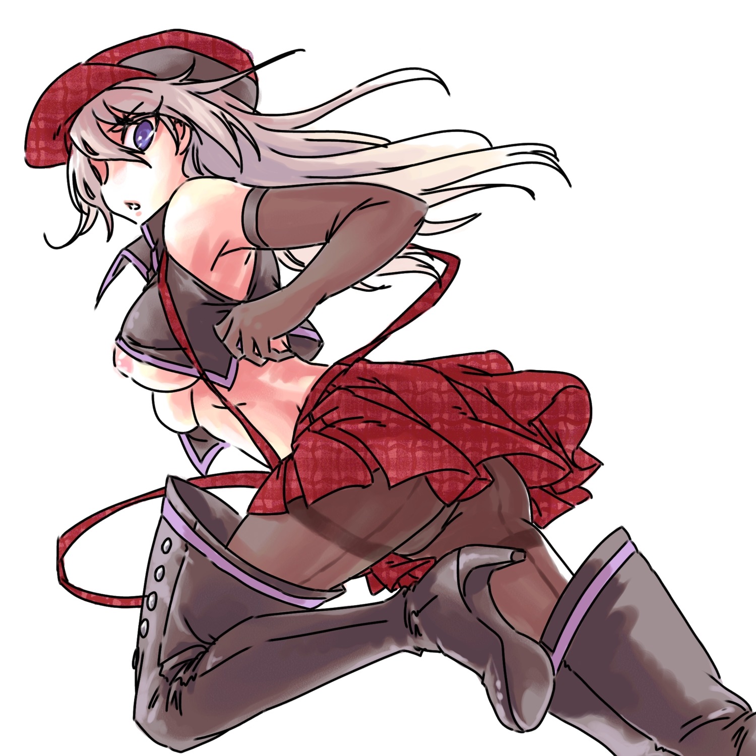 arisa_iriinchina_amieera blue_eyes breasts cabbie_hat female god_eater highres long_hair pantyhose rule34 sideboob simple_background skirt solo underboob white_background