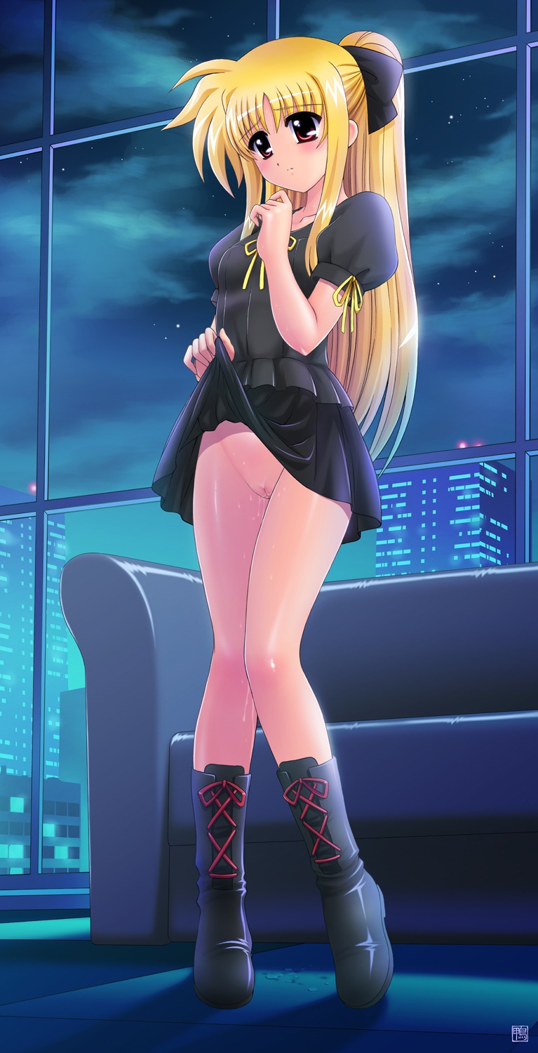 blonde_hair blush boots city couch fate_testarossa female flat_chest highres kamogawa_tanuki long_hair lyrical_nanoha mahou_shoujo_lyrical_nanoha night night_sky no_panties ponytail pussy pussy_juice red_eyes ribbon rule34 skirt skirt_lift sky solo tied_hair uncensored