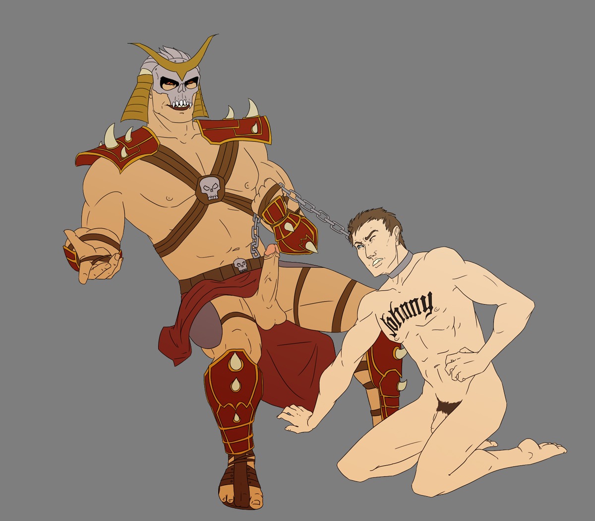 2boys average_sized_penis boner chain_leash clothed_on_nude cmnm erect_nipples erection flaccid gay harness johnny_cage kneeling leash_pull loincloth_aside male male_only mask mortal_kombat multiple_males muscular muscular_male nipples open_toe_shoes penis rule34 shao_kahn shin_guards transparent_background yaoi