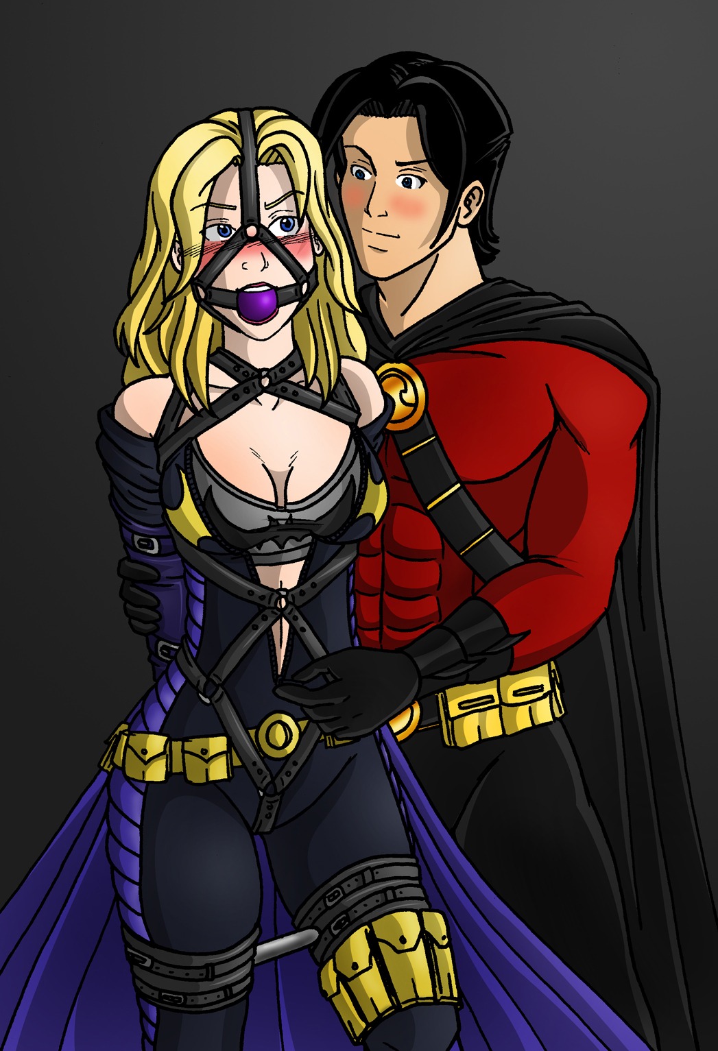 1boy 1girls abs artist_request batgirl batgirl_(stephanie_brown) batman_(series) bondage breasts cleavage clothed dc dc_comics female gag gagged male muscular red_robin robin_(dc) robin_(tim_drake) rule34 stephanie_brown tim_drake