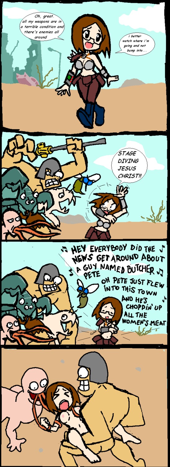 1girls 2boys bloatfly_(fallout) cap-tan centaur_(fallout) comic dialogue english_text fallout female human interspecies male mole_rat nipples no_artist_signature pip-boy post-human radscorpion rape rough_sketch rule34 speech_bubble super_mutant taur text