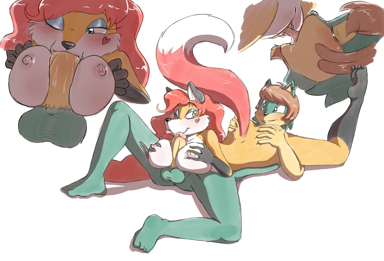 anthro aurora_spencer balls bluechika breast_play breasts canid canine cunnilingus digital_media_(artwork) duo e621 erection fellatio female female_penetrated fox fur genitals green_body green_fur hair hi_res male male/female male_penetrating male_penetrating_female mammal nipples oral oral_penetration orange_body orange_fur penetration penile penis red_hair sex titfuck tongue vaginal vulva