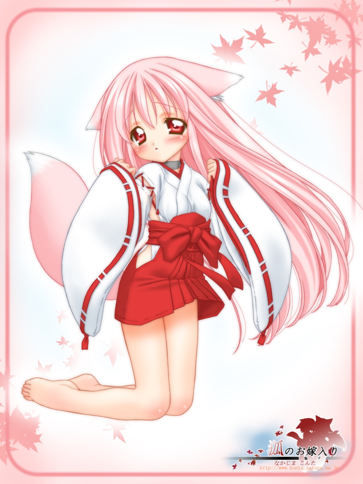 animal_ear animal_ears barefoot collar feet female fox_ear fox_ears fox_tail hakama high_res highres japanese_clothes long_hair miko momoyuki_(snow_fox) nakajima_konta pink_hair red_eyes rule34 snow_fox tail wafuku