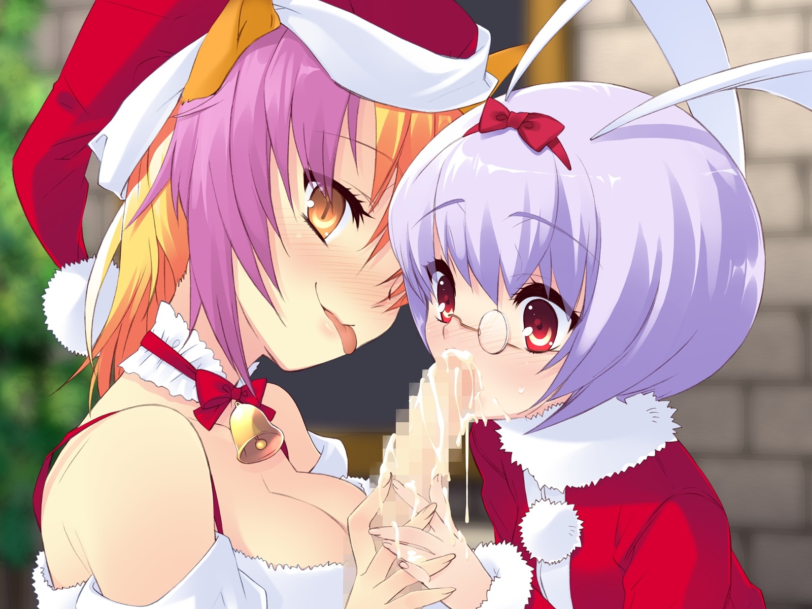 2girls alice_parade animal_ear censored cum fellatio female hair male neko_kimagure oral penis red_eyes rule34 short_hair silk_shirousagi