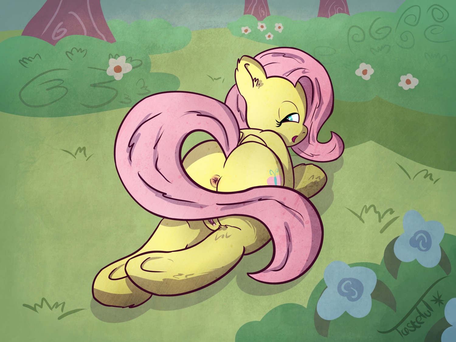 4:3 absurd_res anus blue_eyes butt cutie_mark e621 equid equine feathered_wings feathers female feral flower fluttershy_(mlp) friendship_is_magic fur genitals grass hair hasbro hi_res long_hair looking_at_viewer looking_back mammal my_little_pony mythological_creature mythological_equine mythology open_mouth outside pegasus pink_hair plant presenting presenting_hindquarters solo tail tasteful-clopper tongue tree vulva wings yellow_body yellow_feathers yellow_fur
