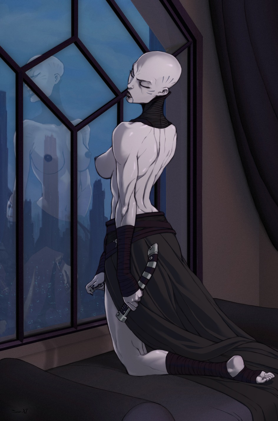 asajj_ventress breasts cityscape clone_wars closed_eyes clothed dathomiri detailed_background evilash feet female indoors kneeling looking_back mirror partially_clothed pillow reflection rule34 star_wars tagme topless topless_female window