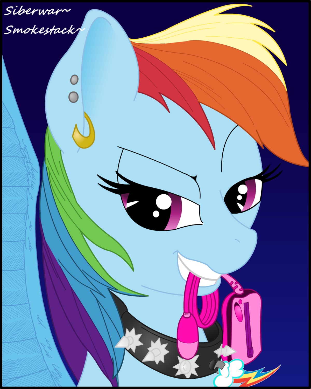 blue_body blue_feathers blue_fur collar e621 ear_piercing equid equine feathered_wings feathers female friendship_is_magic fur hair hasbro hi_res mammal multicolored_hair my_little_pony mythological_creature mythological_equine mythology oral oral_penetration pegasus penetration piercing rainbow_dash_(mlp) rainbow_hair sex_toy sex_toy_in_mouth sex_toy_insertion siberwar smile solo vibrator wings