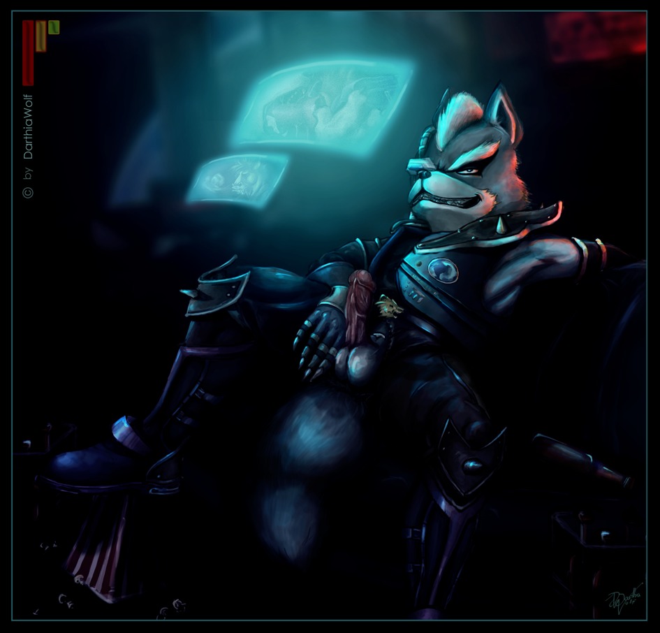 anthro armor black_border blue_eyes border canid canine canis darthiawolf e621 erection food genitals humanoid_genitalia humanoid_penis looking_at_viewer male mammal nintendo penis popcorn realistic solo star_fox weapon wolf wolf_o'donnell